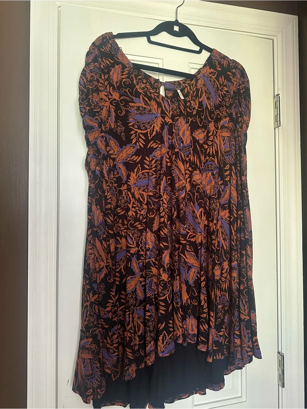 Free People Black Floral V-Neck Blouse with Orange and Purple Print